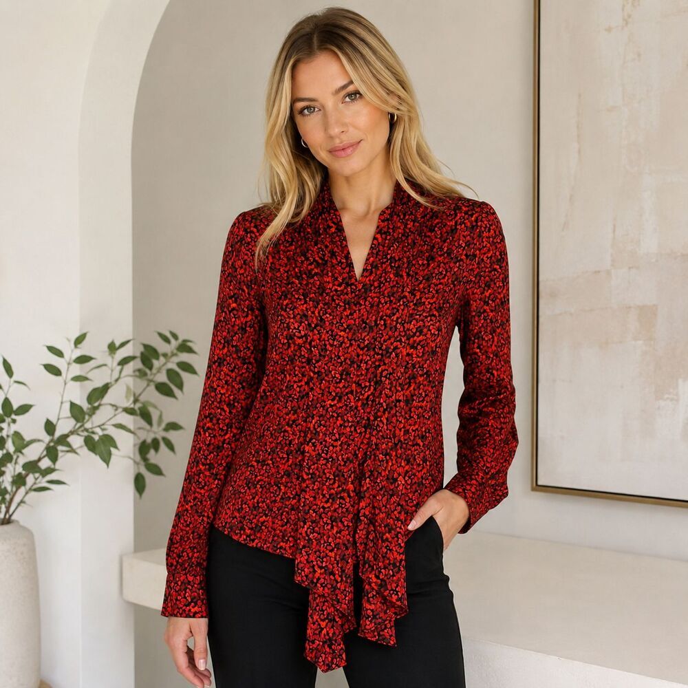 Alice + Olivia Red Black Floral Print Silky Viscose Blouse Scarf Tie Top